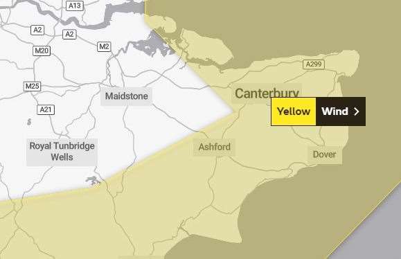 The Met Office's yellow weather warning for southern and eastern areas of Kent