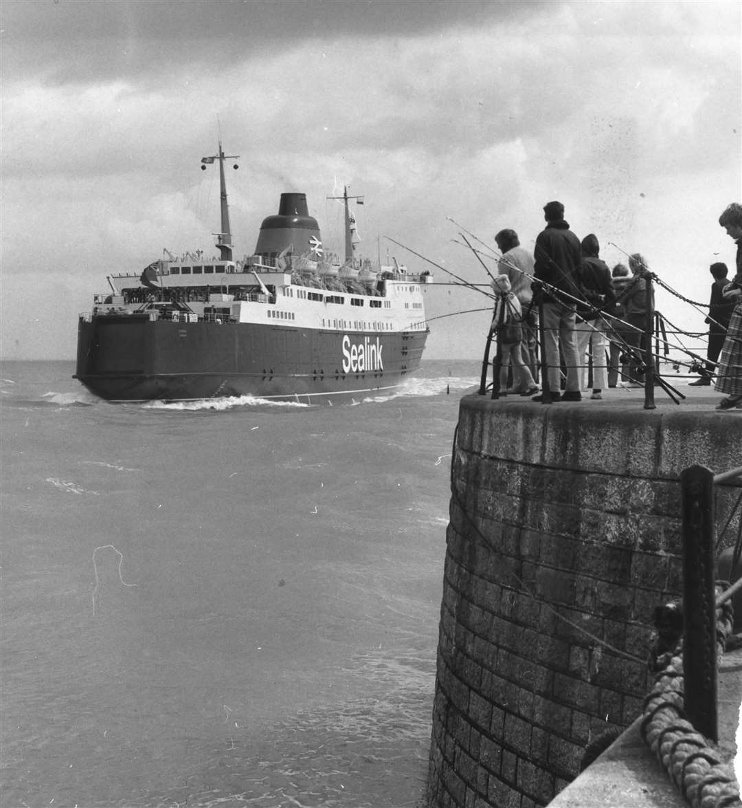 The Folkestone harbour entrance with Sealink's cross-Channel ferry Horsa coming astern. All ferry services at the harbour stopped in 2001