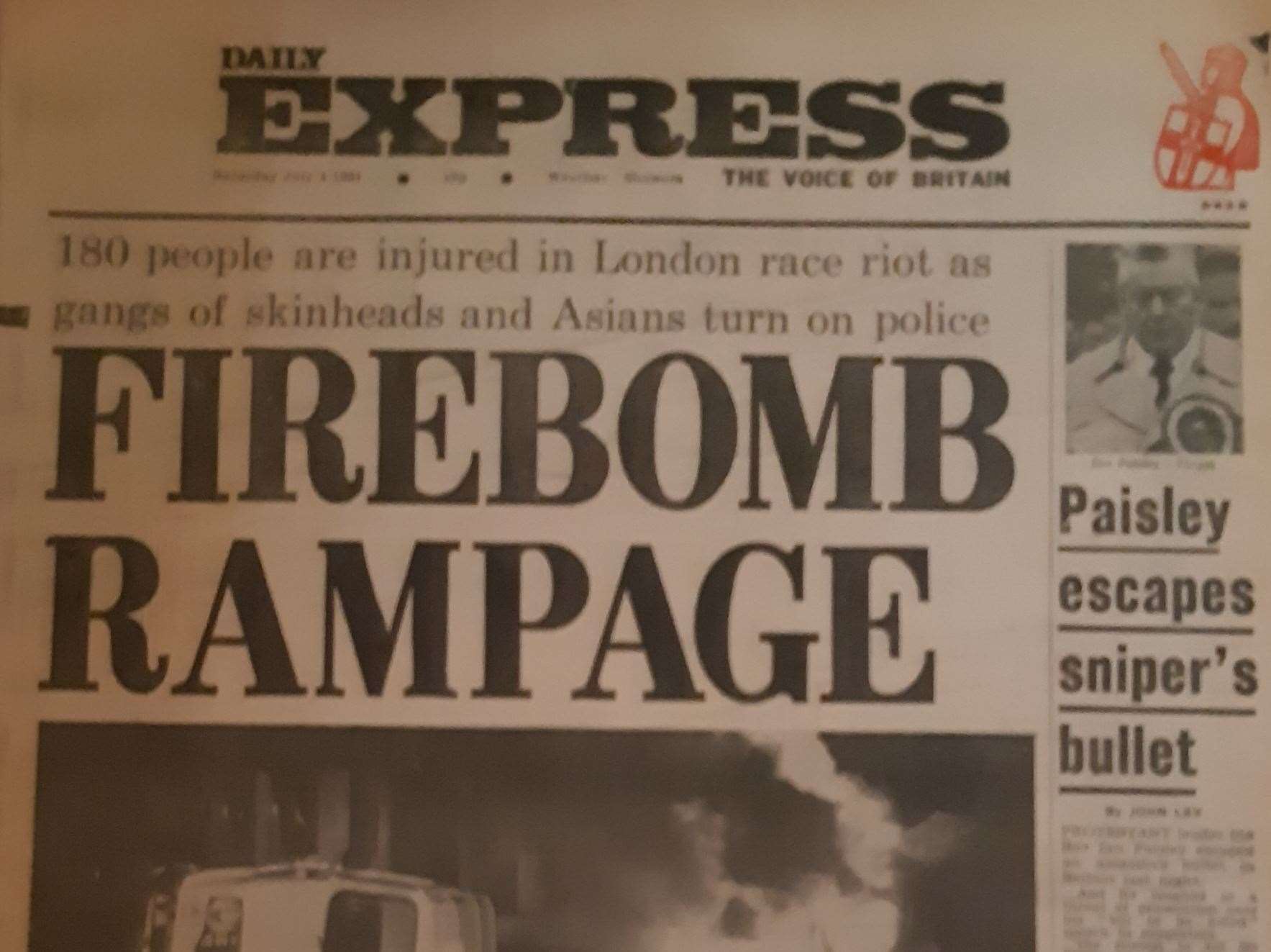 The Daily Express, July 4, 1981, reporting on the first of the riots, in Southall