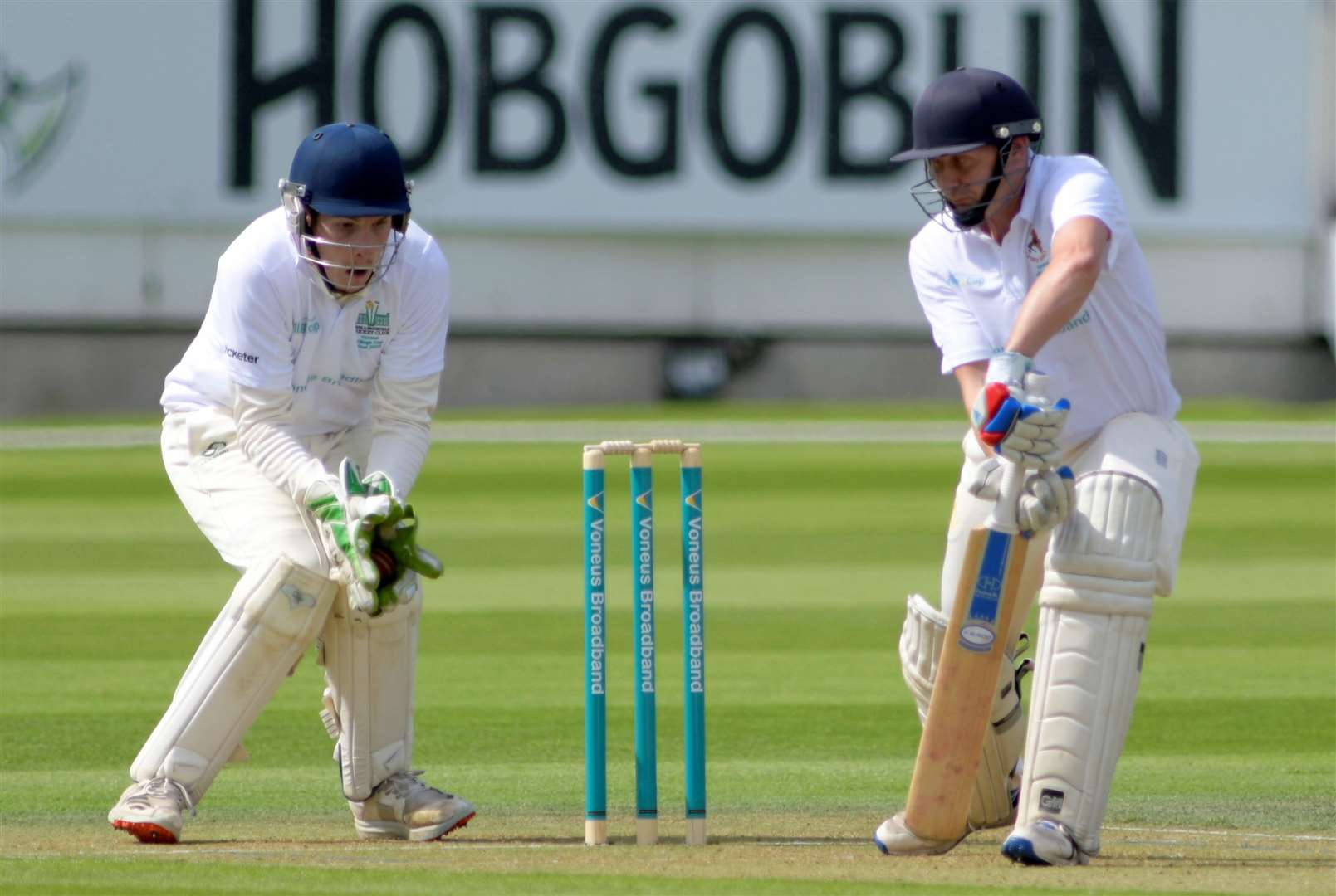 Leeds & Broomfield wicketkeeper Chris Davis takes the ball behind the stumps. Picture: Barry Goodwin