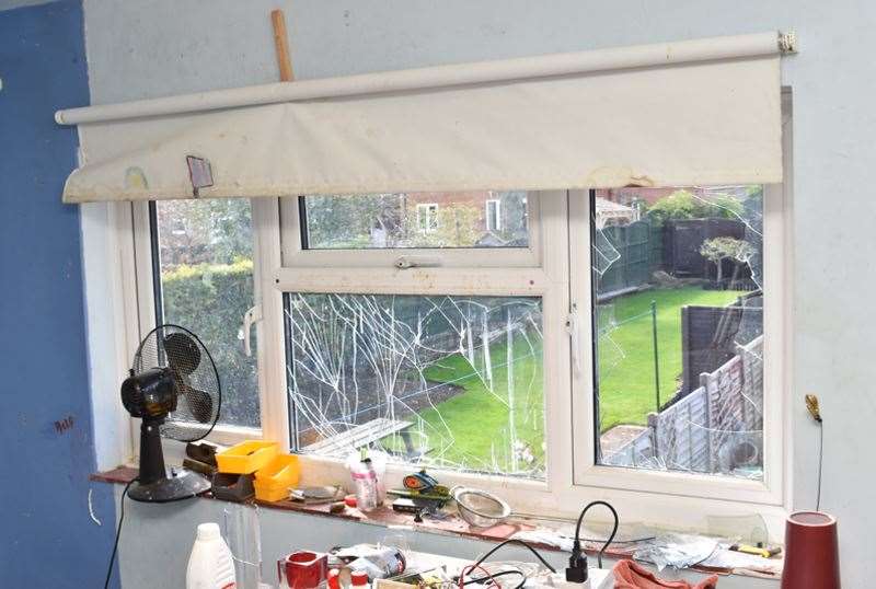 A damaged window after an explosion in Matthew Haydon’s home laboratory (Bedfordshire Police/PA)
