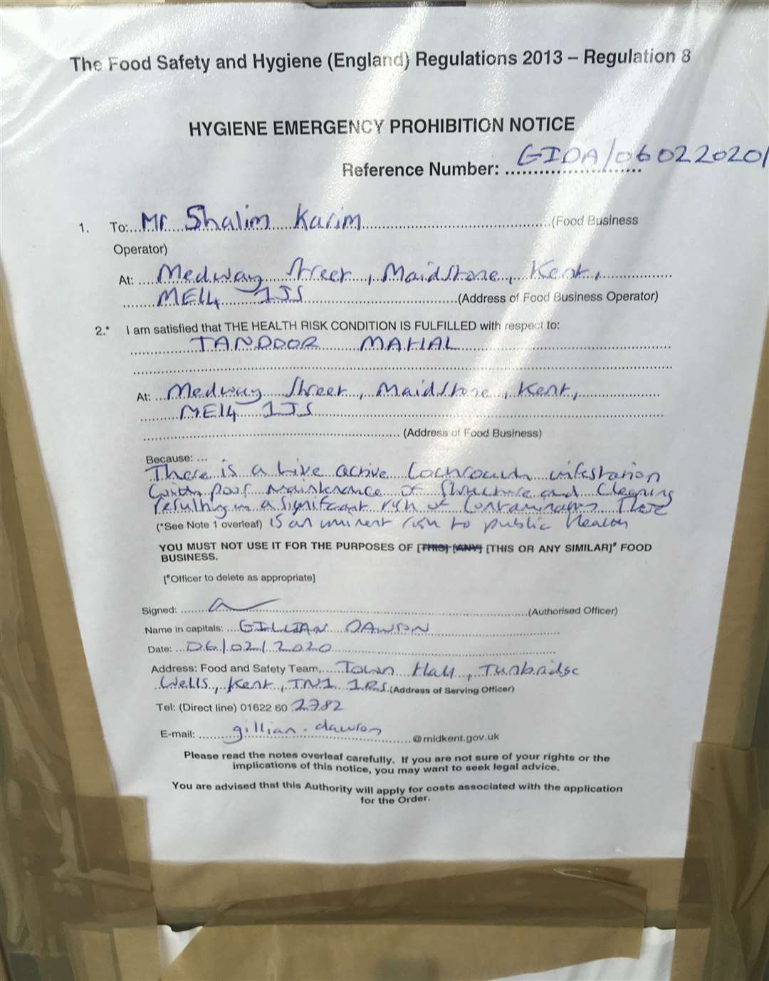 The notice served by Maidstone Borough Council to Tandoor Mahal in Medway Street, Maidstone