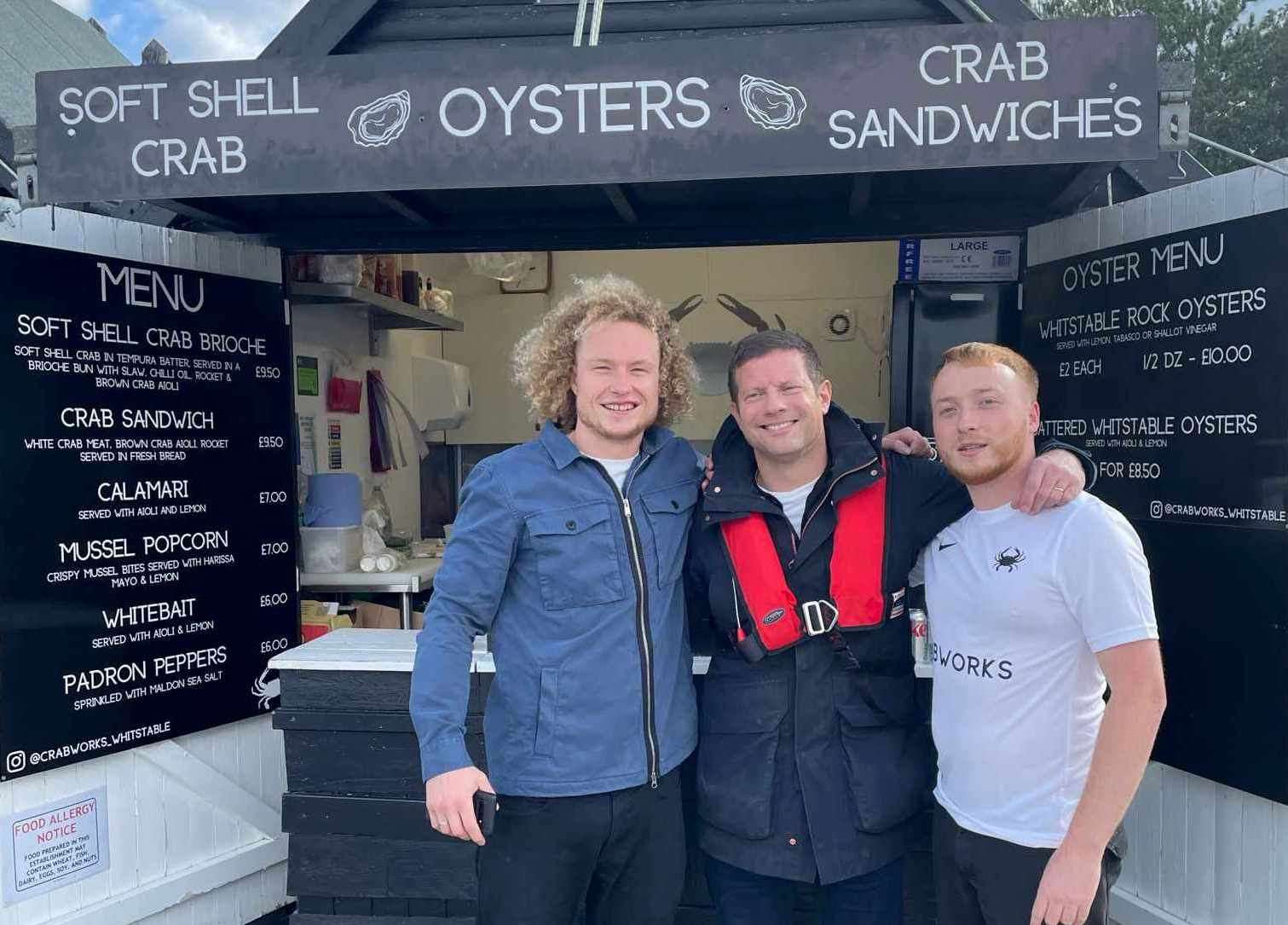 Dermot O'Leary and the Crabworks crew in Whitstable Harbour. Pic: Finley Gullett
