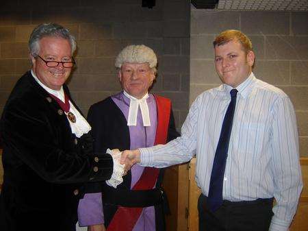 Matthew McCaughan with the High Sheriff of Kent and Judge James O'Mahony.