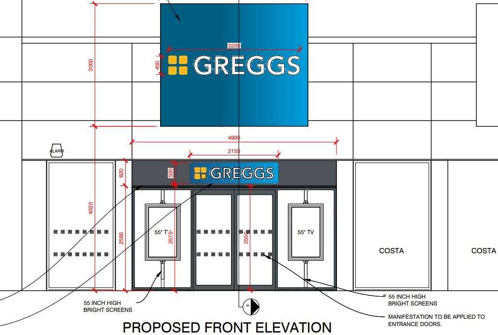 Greggs has submitted plans to Ashford Borough Council showing how the front of the unit could look