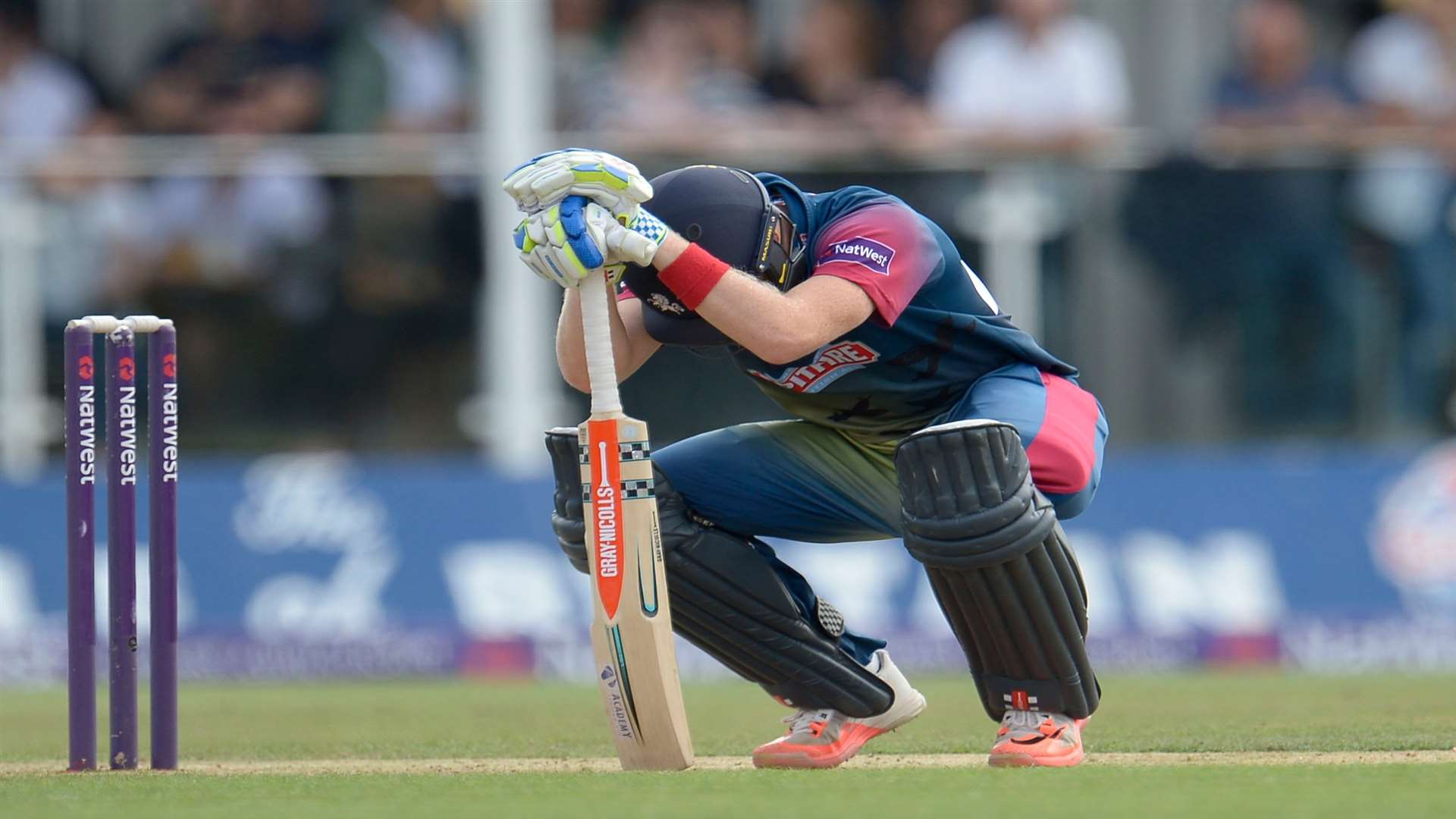 Sam Billings on his haunches after being caught by Jos Buttler. Picture: Ady Kerry