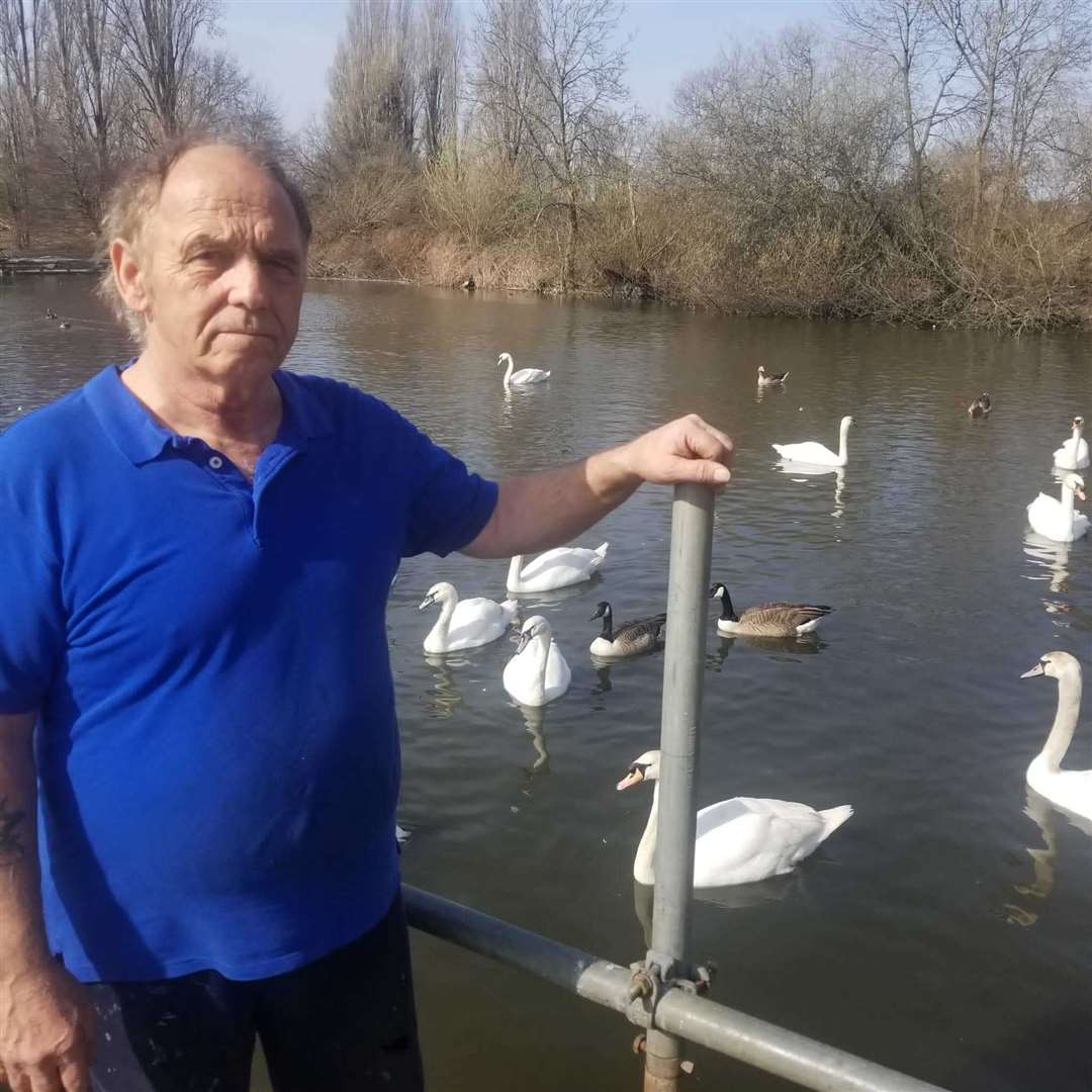 Steve Knight posing with some swans at the sanctuary. Picture: Steve Knight.