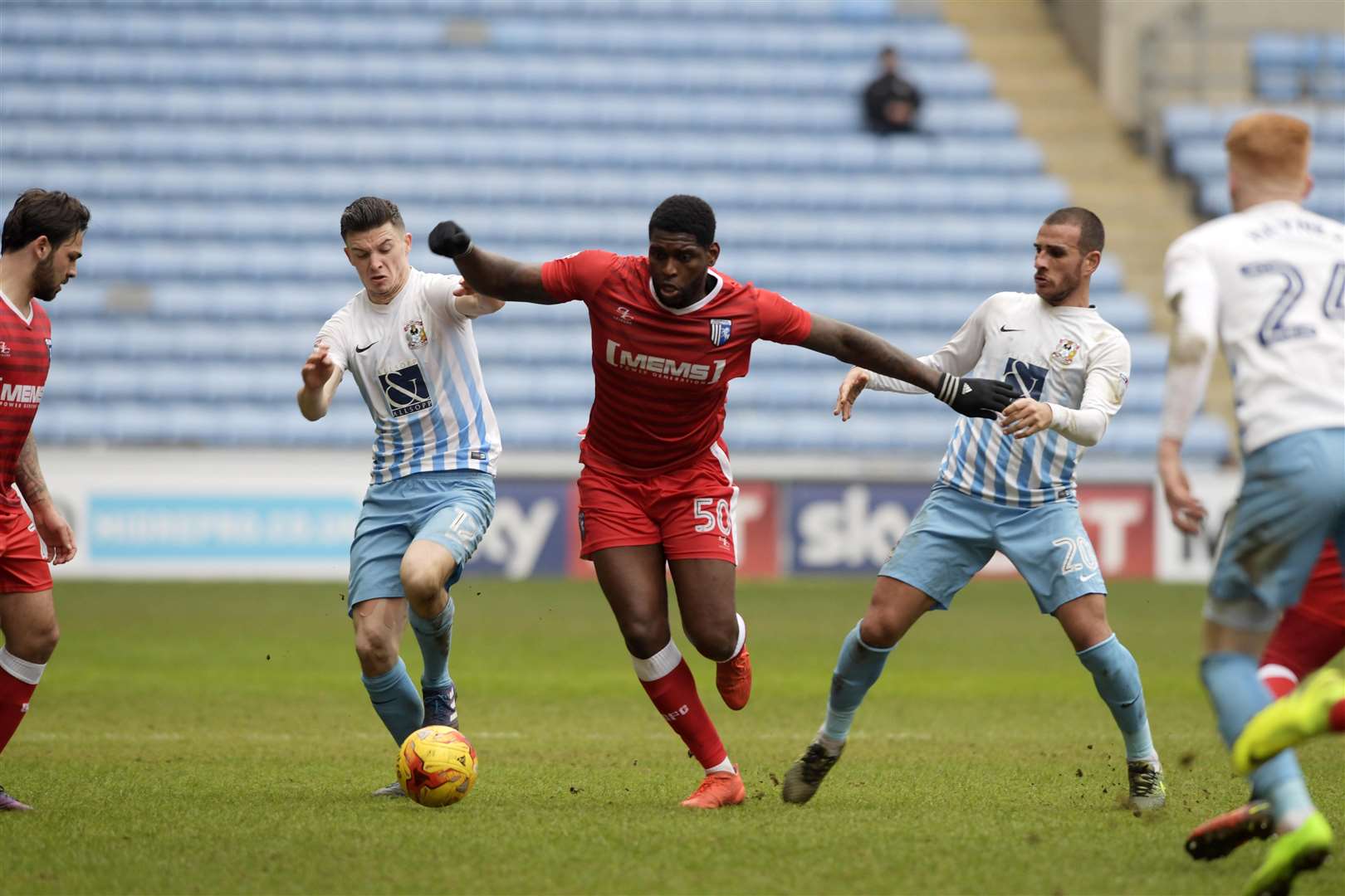 Jay Emmanuel-Thomas challenged by Callum Reilly when the Gills visited the Ricoh Arena in February 2017 Picture: Barry Goodwin
