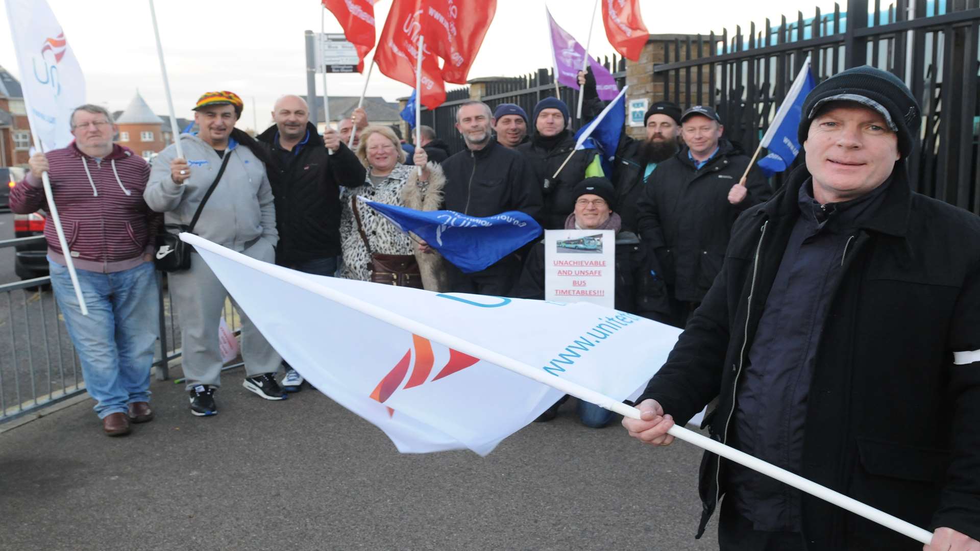 Tony Teed, shop steward, with other drivers on the picket line. Picture: Steve Crispe.