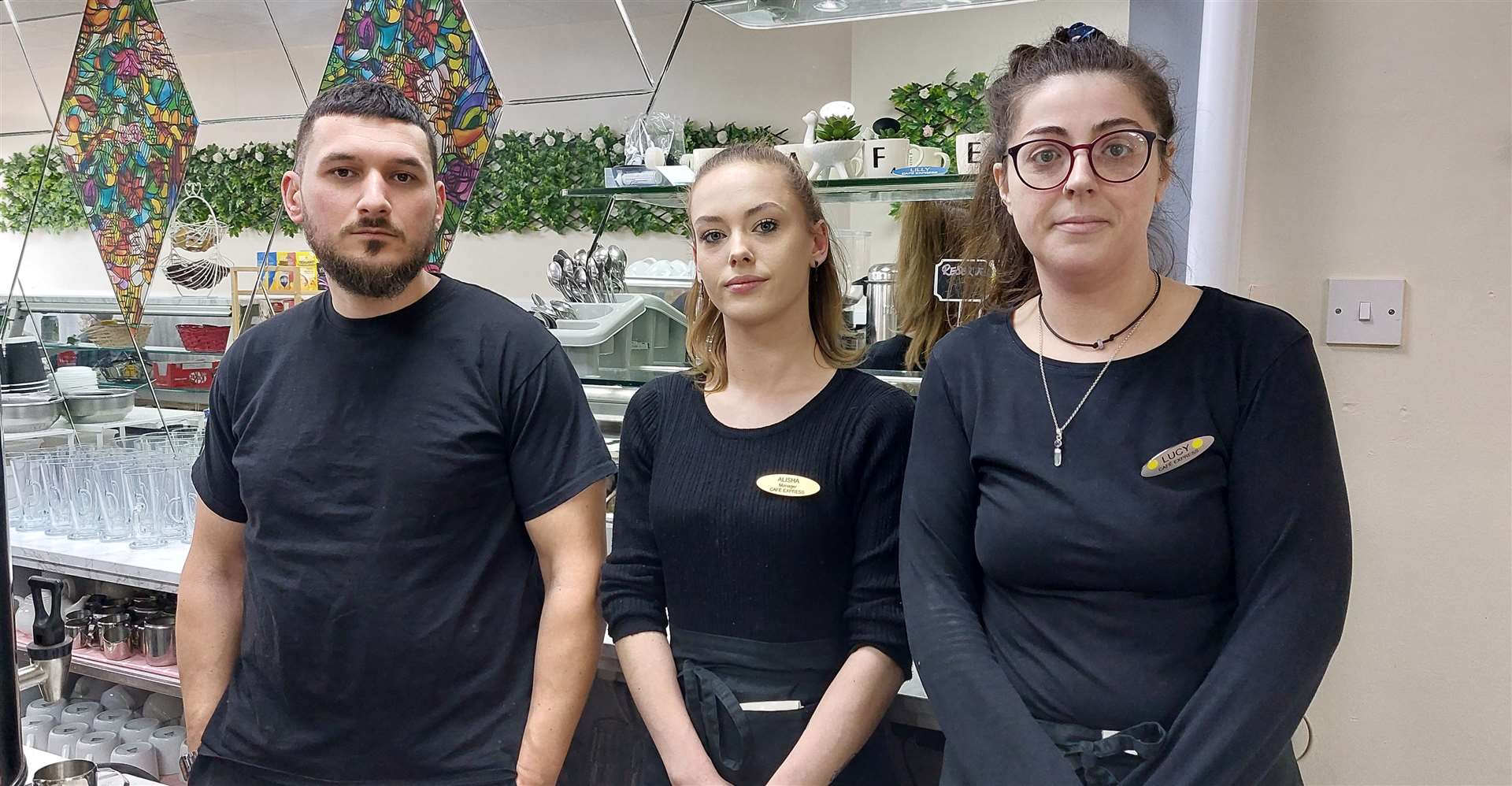 Staff at Cafe Express in Ashford's Lower High Street say crime is a real problem. Pictured owner Ali Sasmaz, manager Alisha Dighton, and worker Lucy Wakley