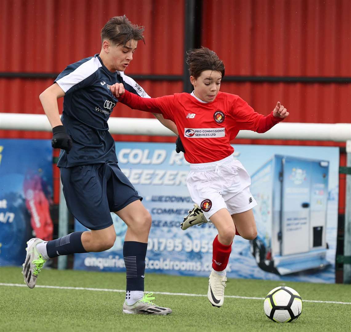 Ebbsfleet look to clear their lines in the Kent Merit Under-13 Boys Plate Final. Picture: PSP Images