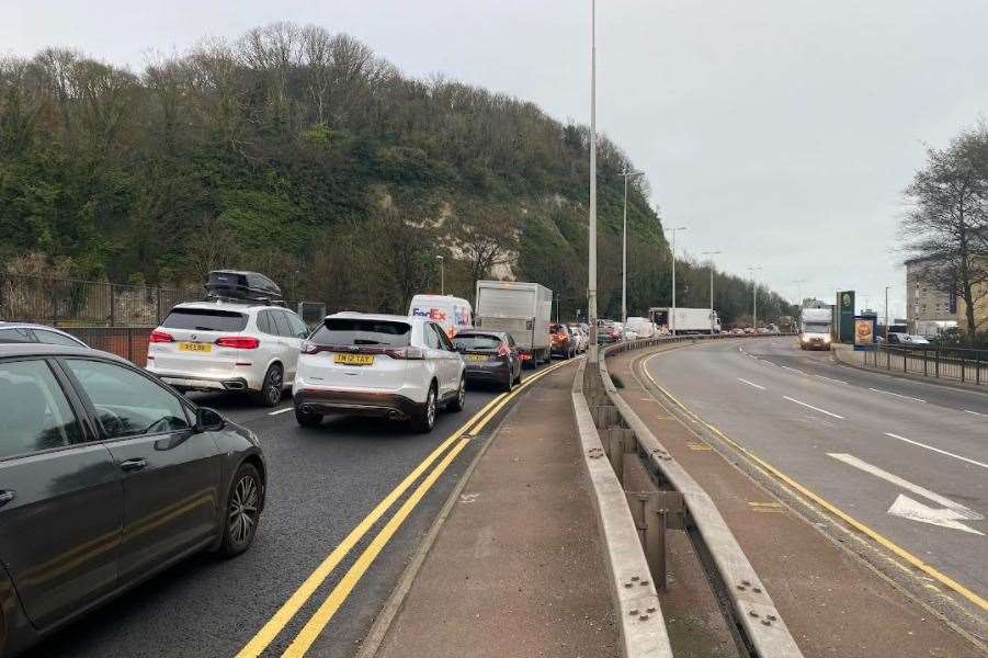 Queuing traffic on the A20 Townwall Street this morning Picture: KMG