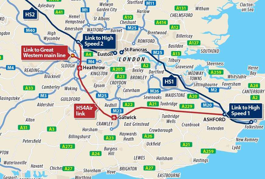 The proposed HS4Air route would have connected Ashford to Heathrow and Gatwick airports