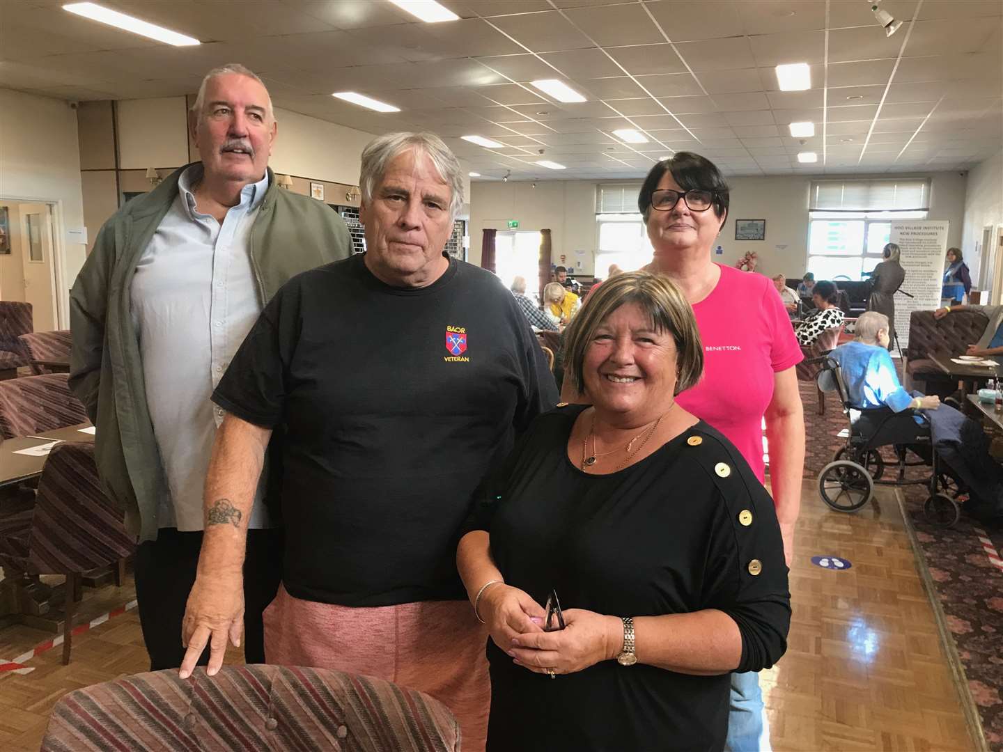 Left-right: Hoo Village Institute treasurer Ken O'Neill, Peninsula ward Cllr Ron Sands, institute secretary Linda Perfect, and stewardess Ann Ager, at the village institute following the evacuation of Hoo Marina Park