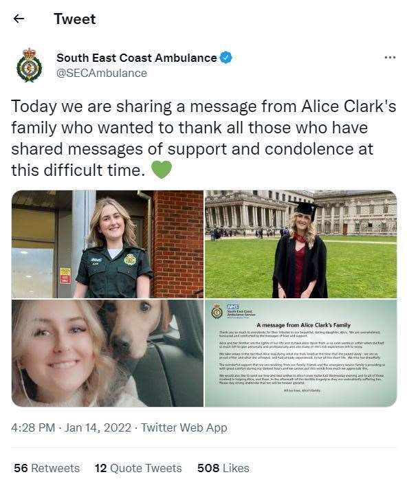 The tweet from the South East Coast Ambulance Service