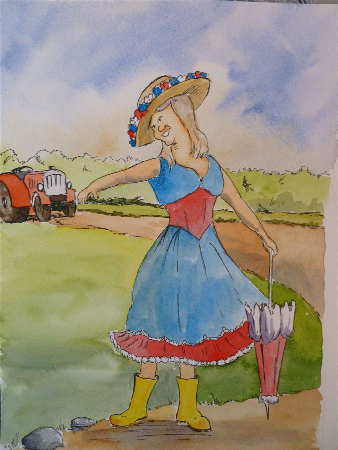 Dolly Molly-Polly from Giggleswick and her red tractor paying a visit to No 3 Tin Cottage. Drawing by John Gevaux-Ross