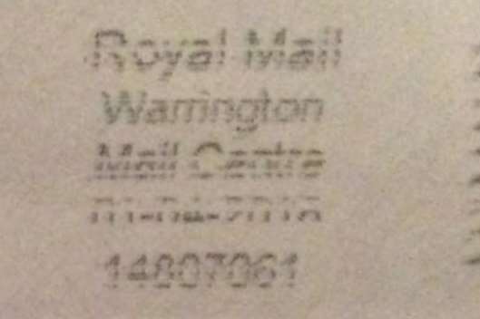 The letter had a Warrington Mail Centre stamp on the envelope