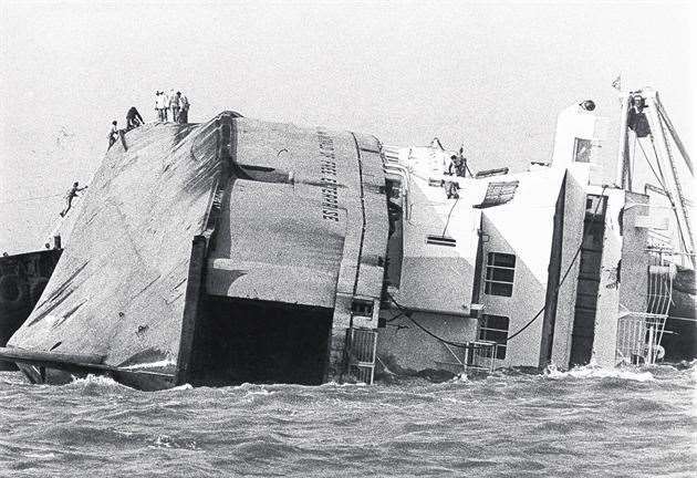 The capsized Herald of Free Enterprise at Zeebrugge, March 6, 1987.