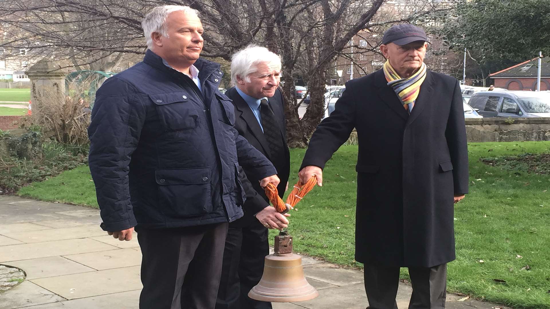 Daniel Lamote (right) who was the safety officer at Zebrugge for P&O Ferries presented the bell of the Herald of Free Enterprise to the church.