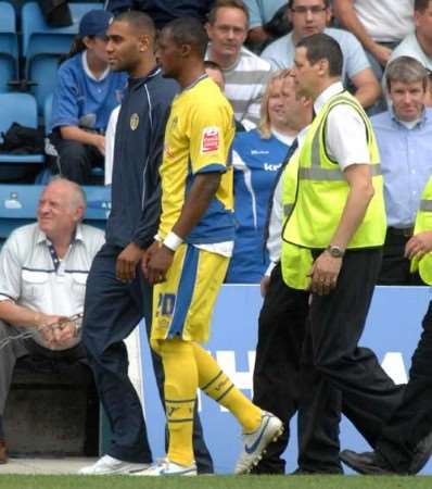 Tresor Kandol walks off after becoming the first Leeds player to be dismissed. Picture: GRANT FALVEY