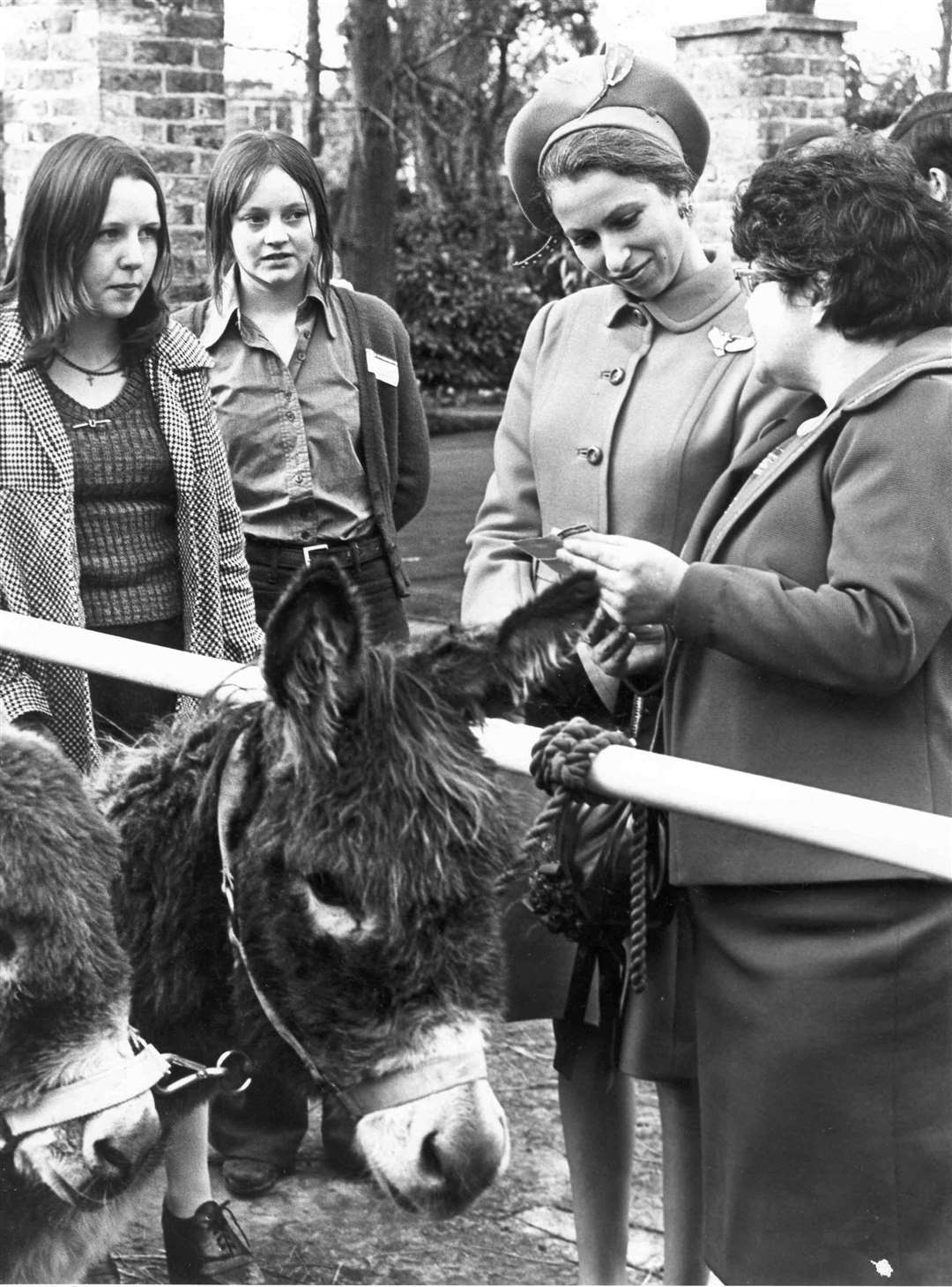 These donkeys caught the attention of Princess Anne in November 1974 when she visited Fairfield House School for deprived girls, in Broadstairs. She is seen here with headmistress Adrienne Brokke