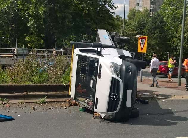 A truck has been left overturned after a crash on the A229 Royal Engineers Road in Maidstone. Picture: Ben Read