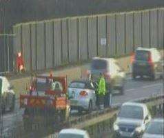 One lane is closed after a crash on the M20. Picture: Highways England (6598287)