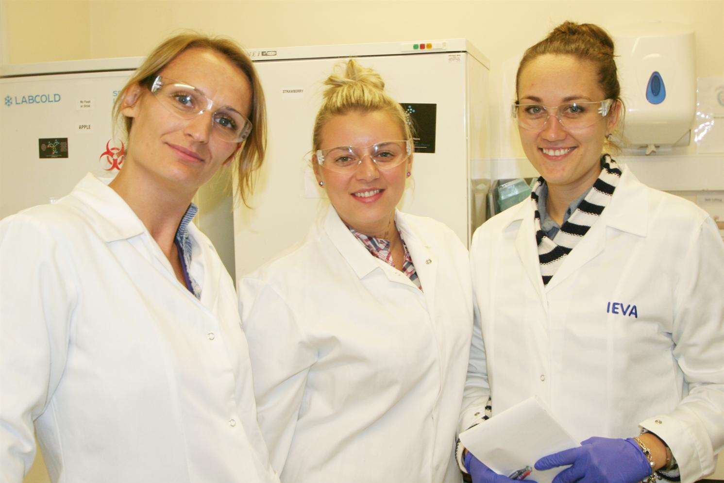 AbBaltis employees Katarzyna Hampelska, left, and Ieva Zi, right, with current work experience student Magdalana Klosinska