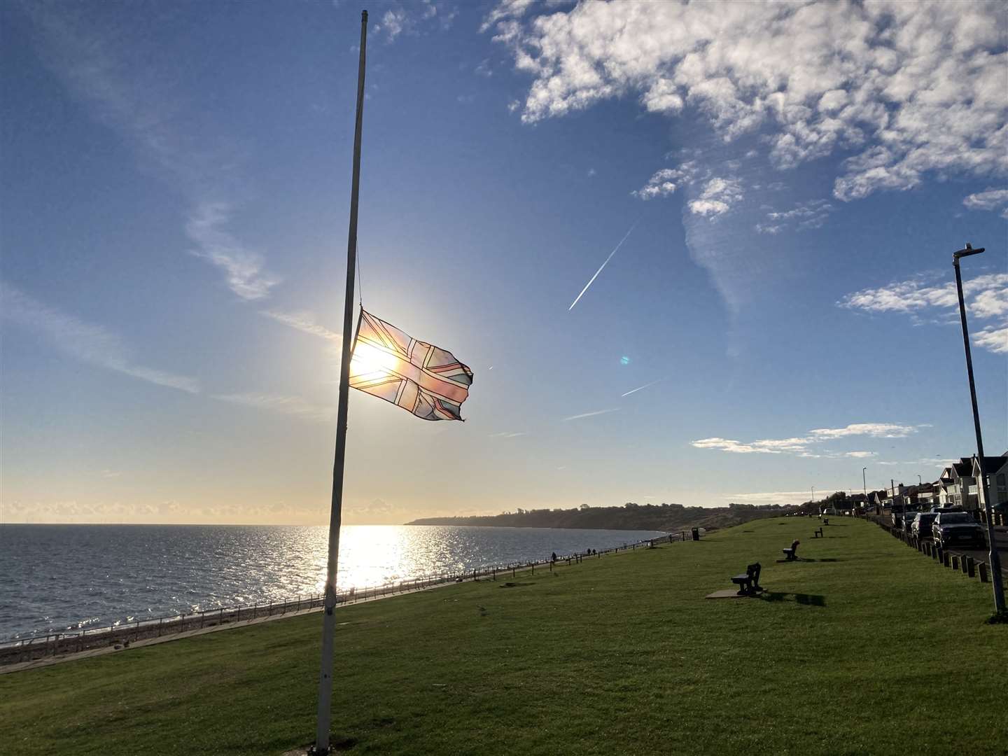 The union flag at half-mast on The Leas at Minster, Sheppey, to mark the Queen's funeral. Picture: John Nurden