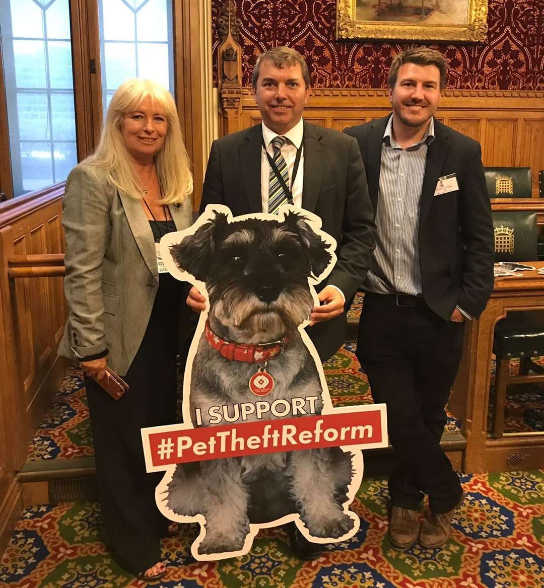 From left: Stolen and Missing Pets Alliance Chief Debbie Matthews, Dartford MP Gareth Johnson and SAMPA Patron and pet law reform researcher Dr Daniel Allen