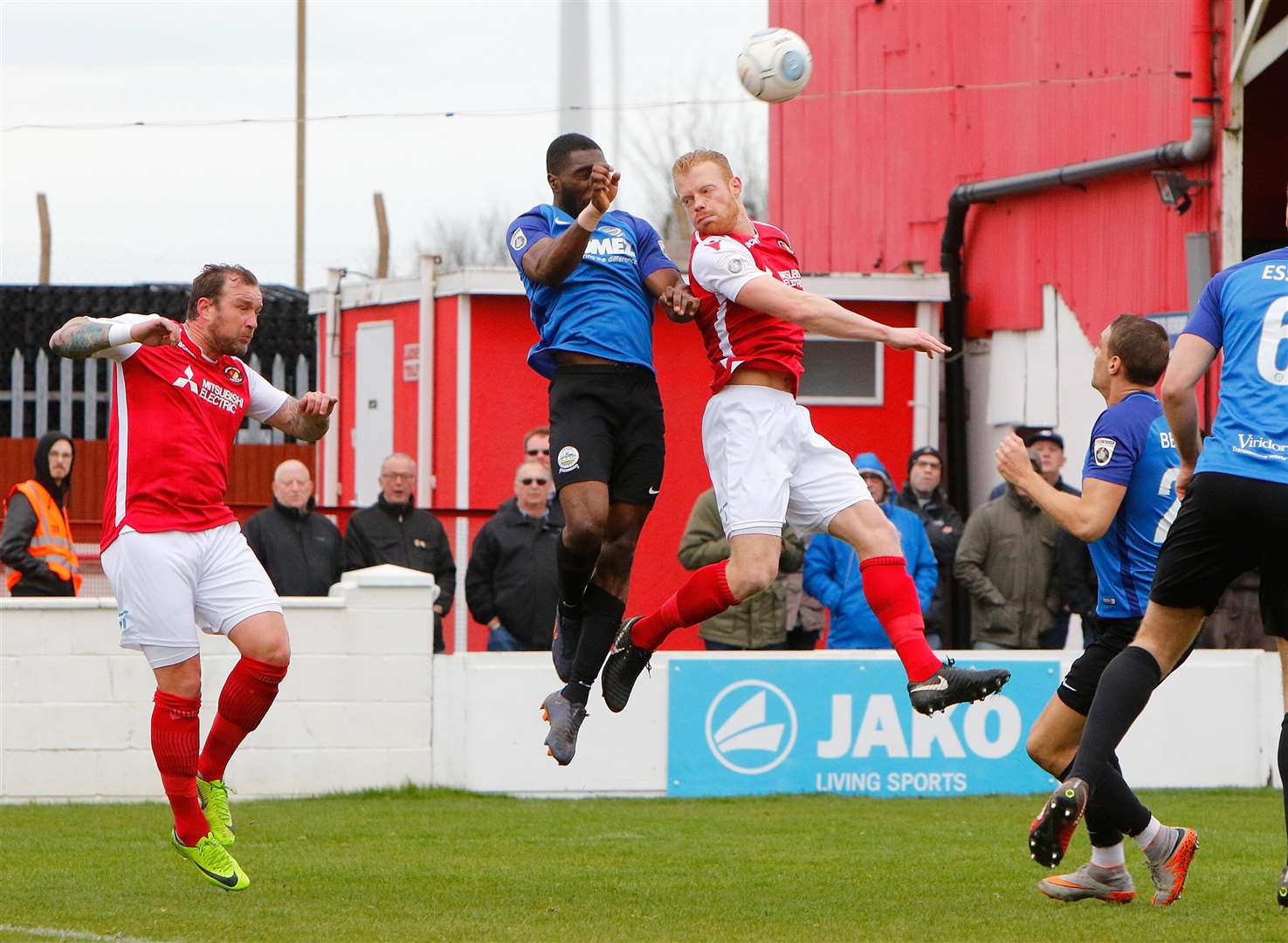 Kenny Clark gets airborne during Ebbsfleet's win against Dover Picture: Andy Jones