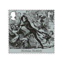 An image from Nicholas Nickelby, to mark the 200th anniversary of Charles Dickens on a set of stamps.