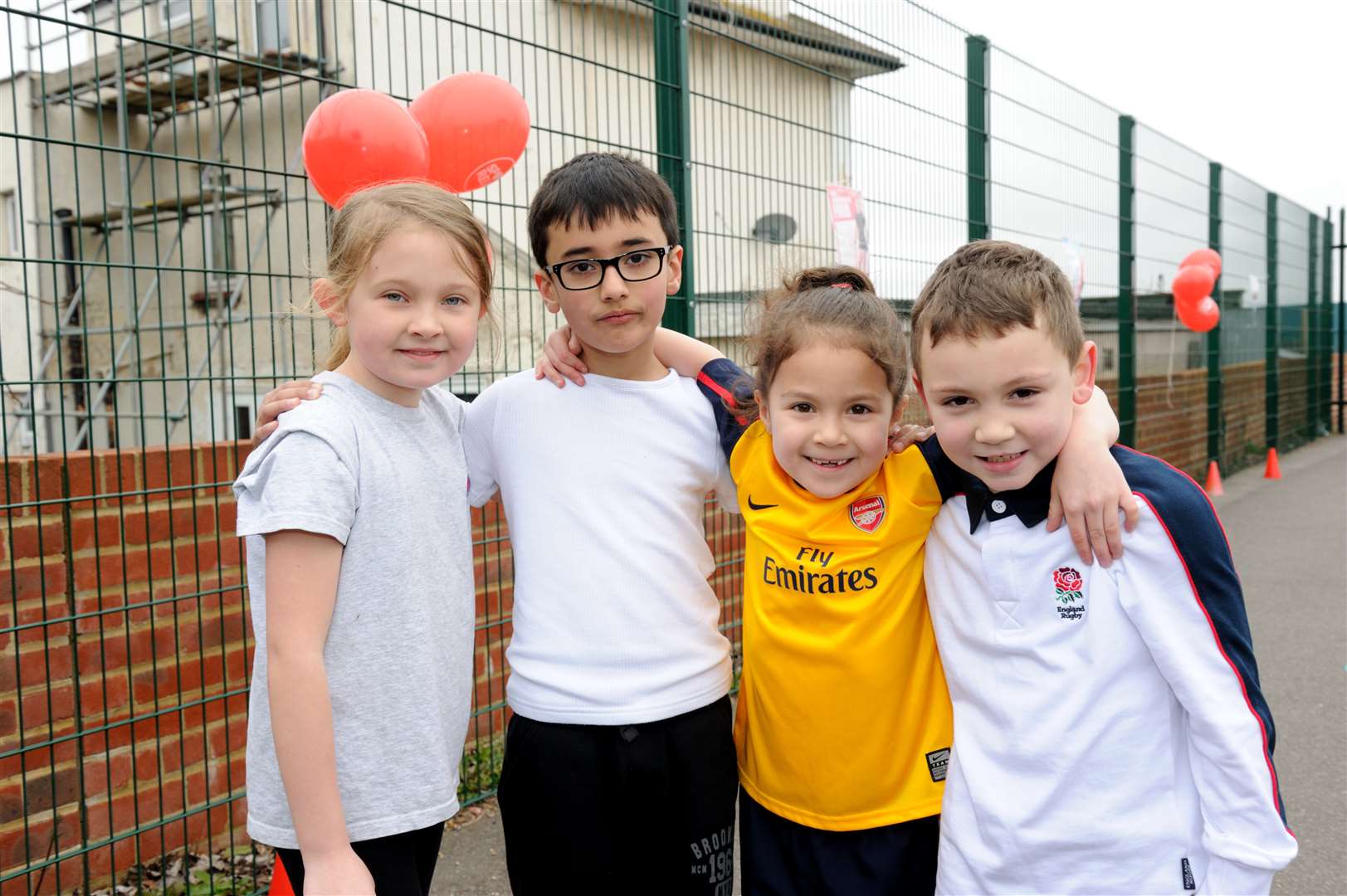 Pupils at Rosherville Primary School ran the Sport Relief Mile with a Smile. L/R, Kayleigh 7, Mohid 7, Mia 6, Leon 6.
