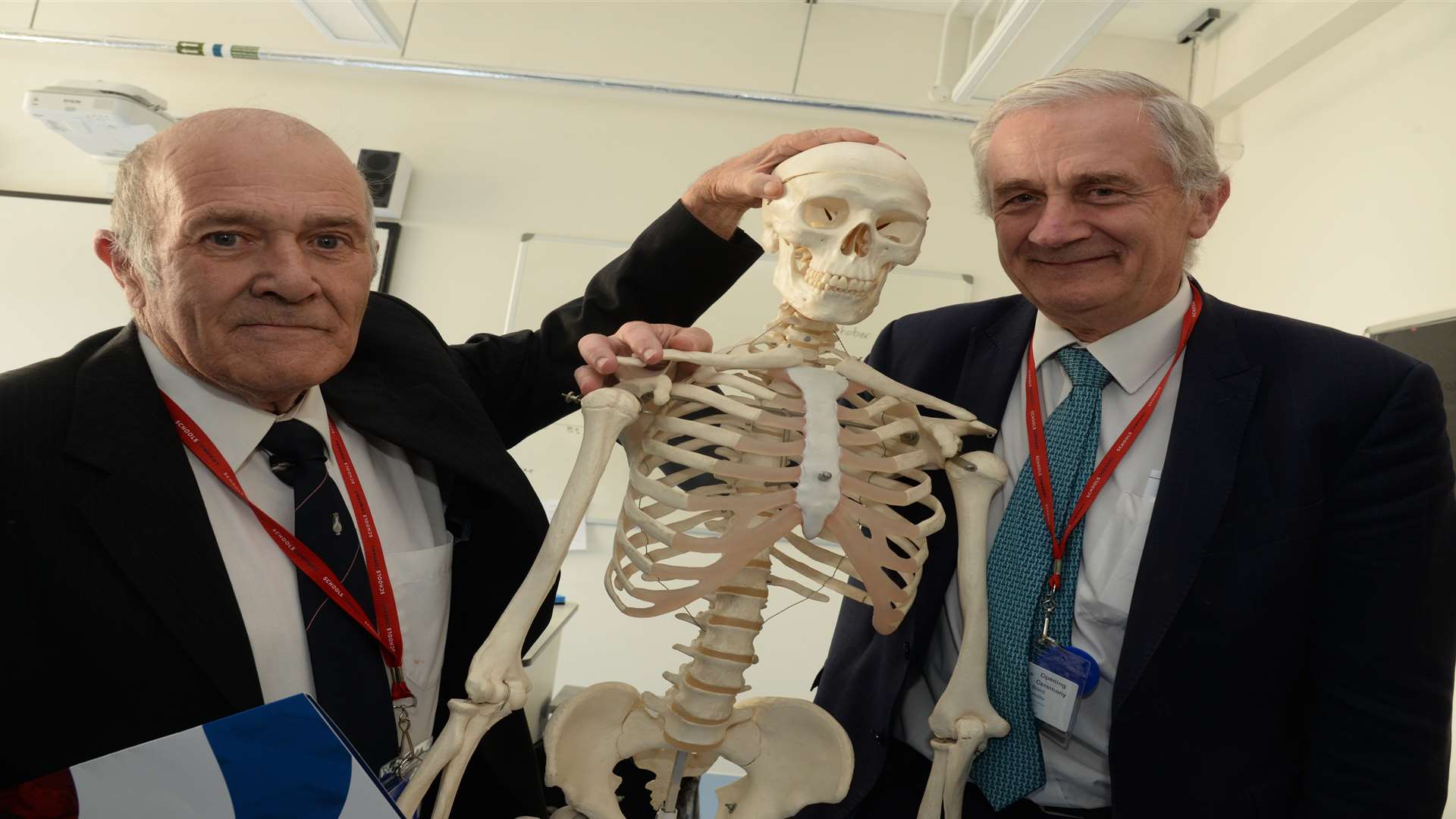Councillors Wayne Elliott and Trevor Bond meet one of the residents in the science lab