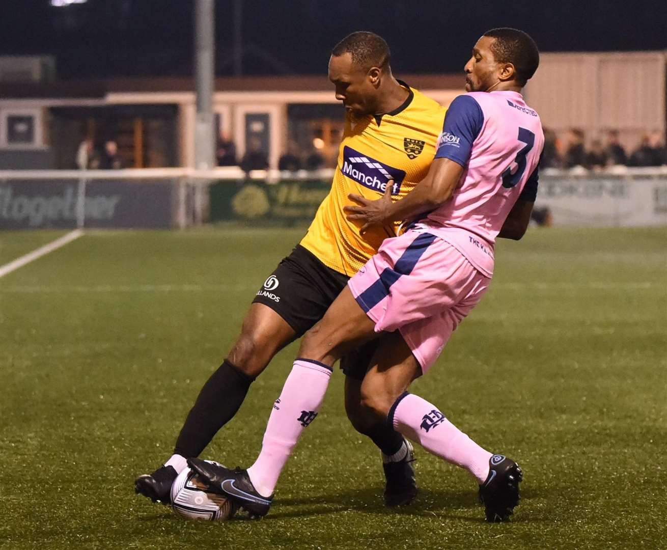 Maidstone captain Gavin Hoyte battles with Dulwich's Tyrone Sterling during the Stones' win on Tuesday. Picture: Steve Terrell