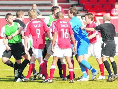 The first half clash that led to five players being booked. Picture: Nick Johnson
