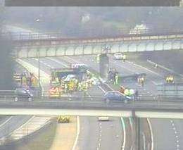 An overturned lorry on the A20