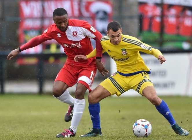Welling centre-back Ian Gayle gets tight against Wrexham on Saturday. Picture: Keith Gillard