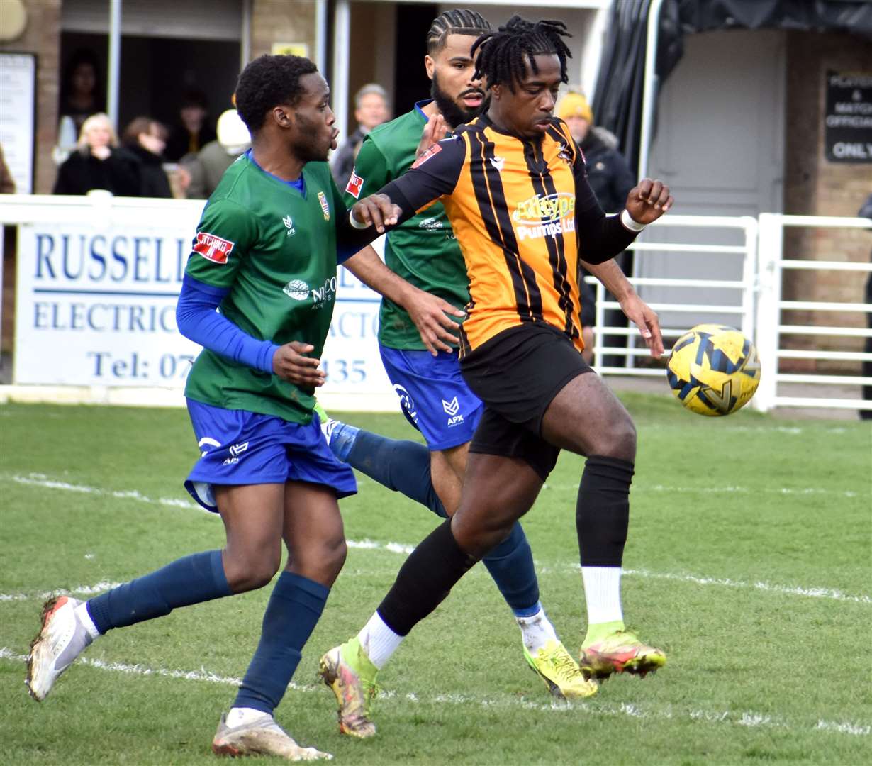 Scorer Ira Jackson during Folkestone's 3-1 defeat at home to Kingstonian on Saturday. Picture: Randolph File