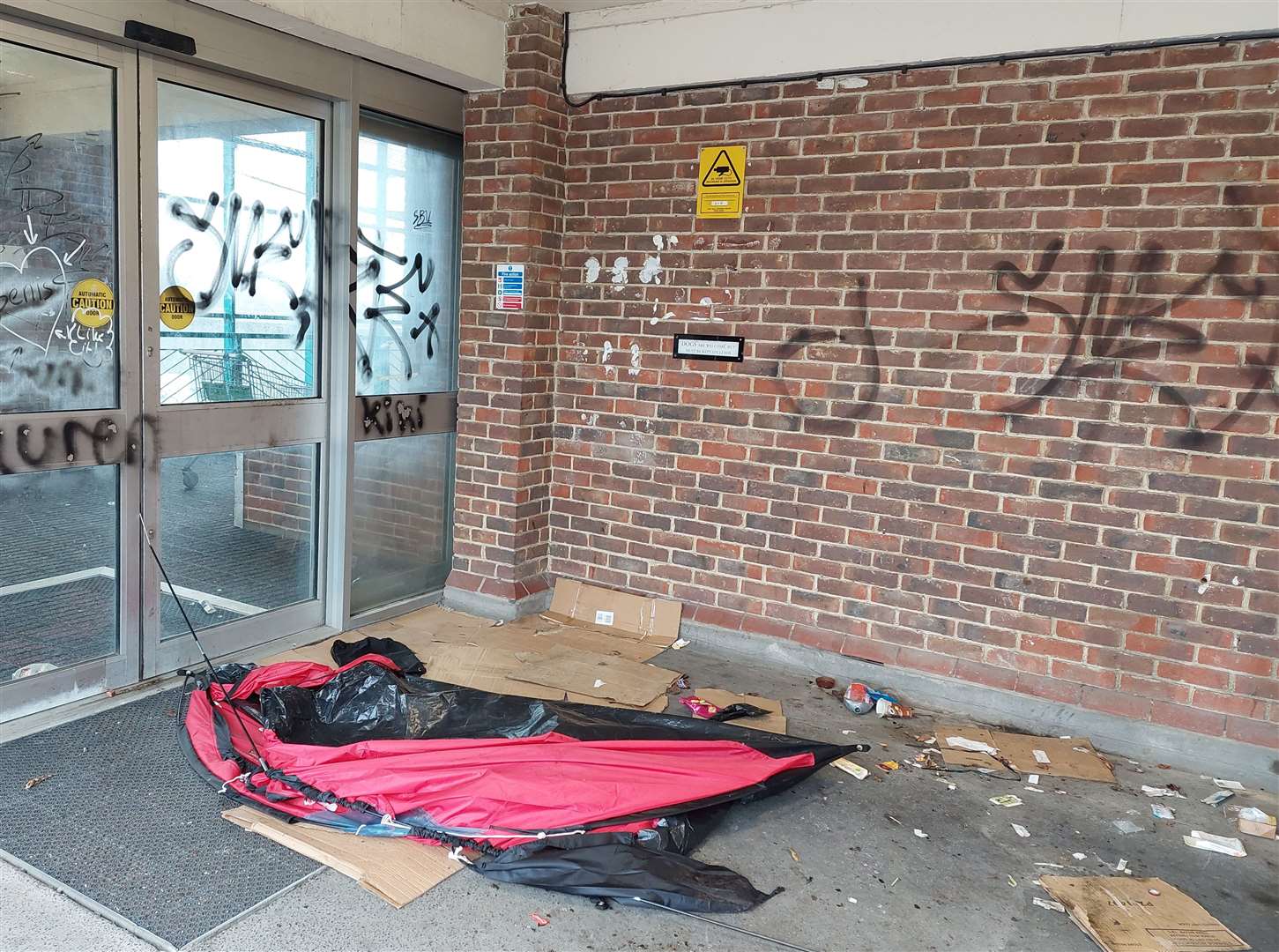 Vandals have graffitied the walls and it appears someone was sleeping in a tent