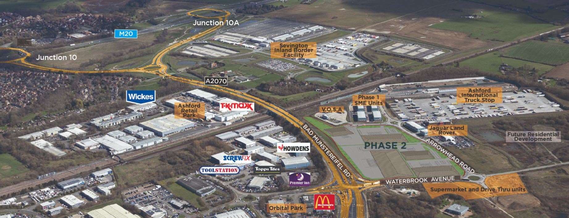 The Waterbrook Park site sits close to Junction 10a of the M20. The ‘phase two’ label shows where the Amazon warehouse was due to go. Picture: GSE Group