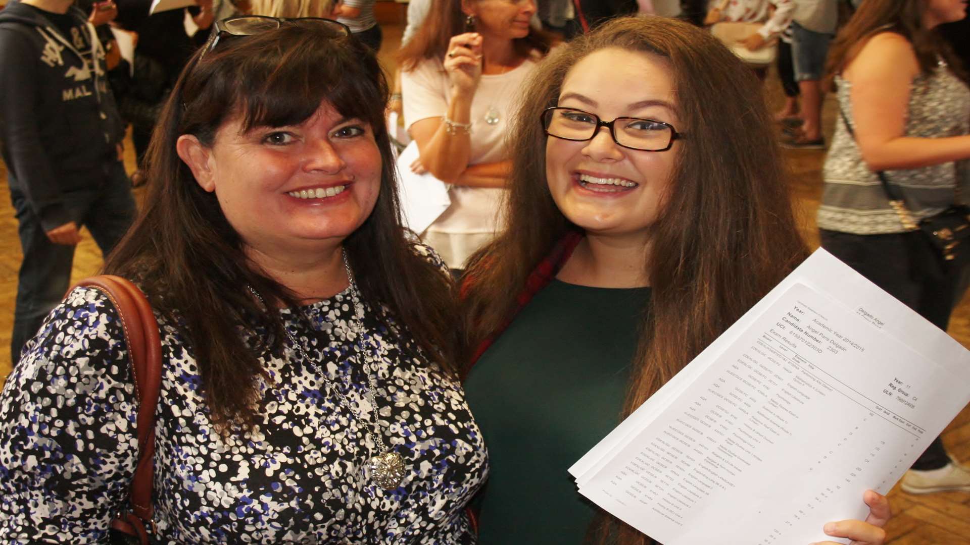 Angel Delgado is congratulated by her mum Alison Burke on her excellent GCSE results at Ursuline College