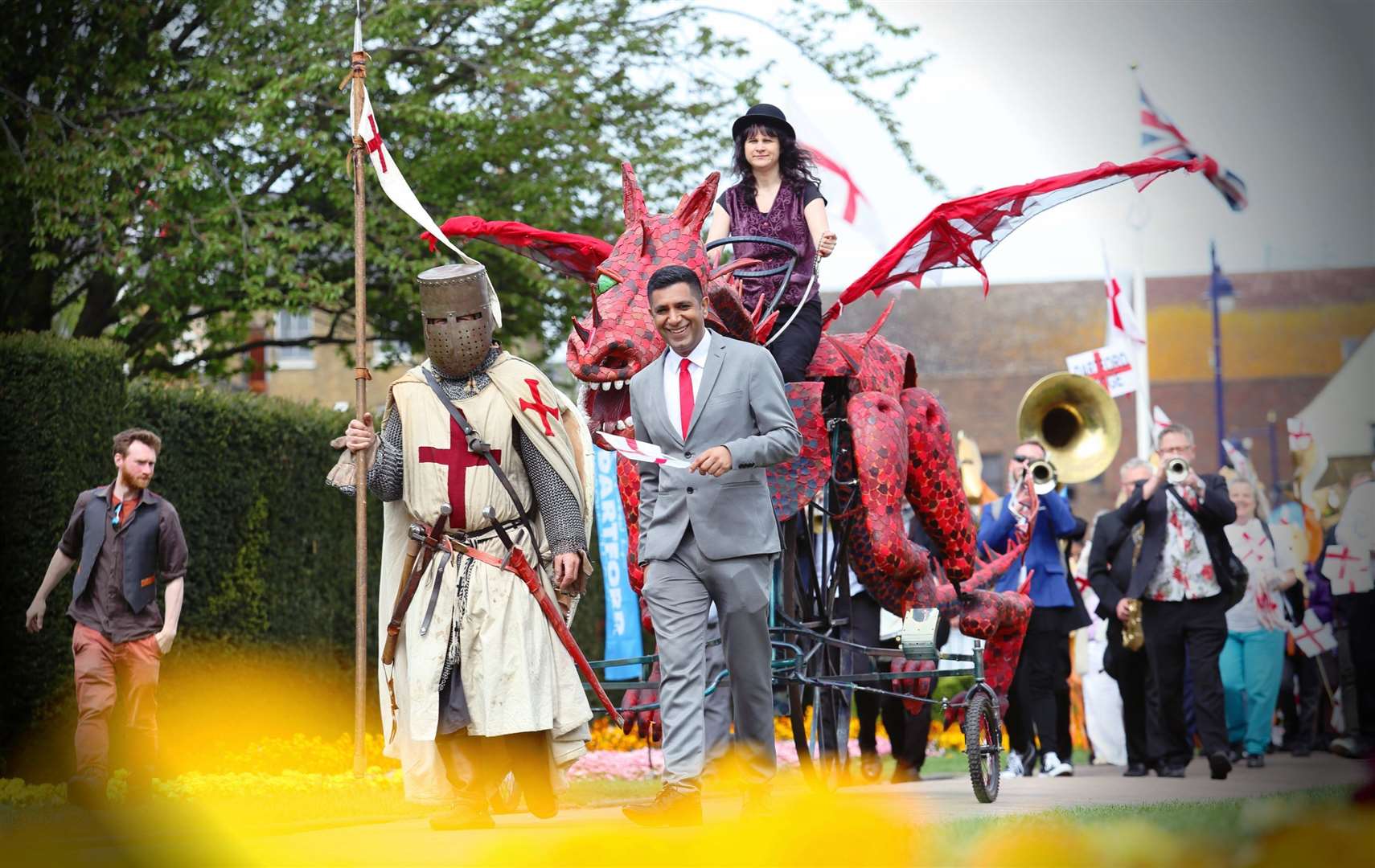 Cohesion Plus artistic director Gurvinder Sandher joined by a Saint George's knight in 2019