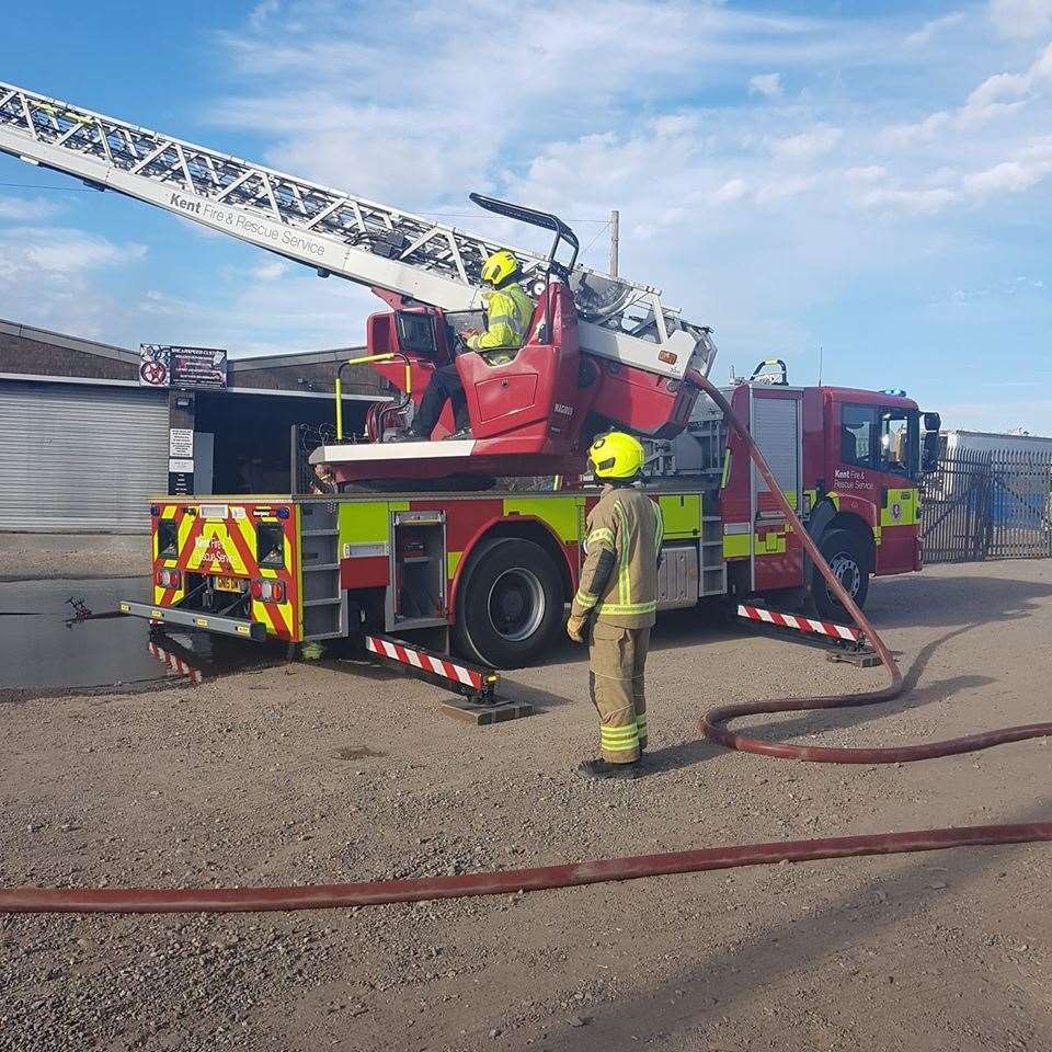 Turntable ladder used to fight the factory fire in Rushenden Road, Queenborough. Picture: Cally-Anne Holmes