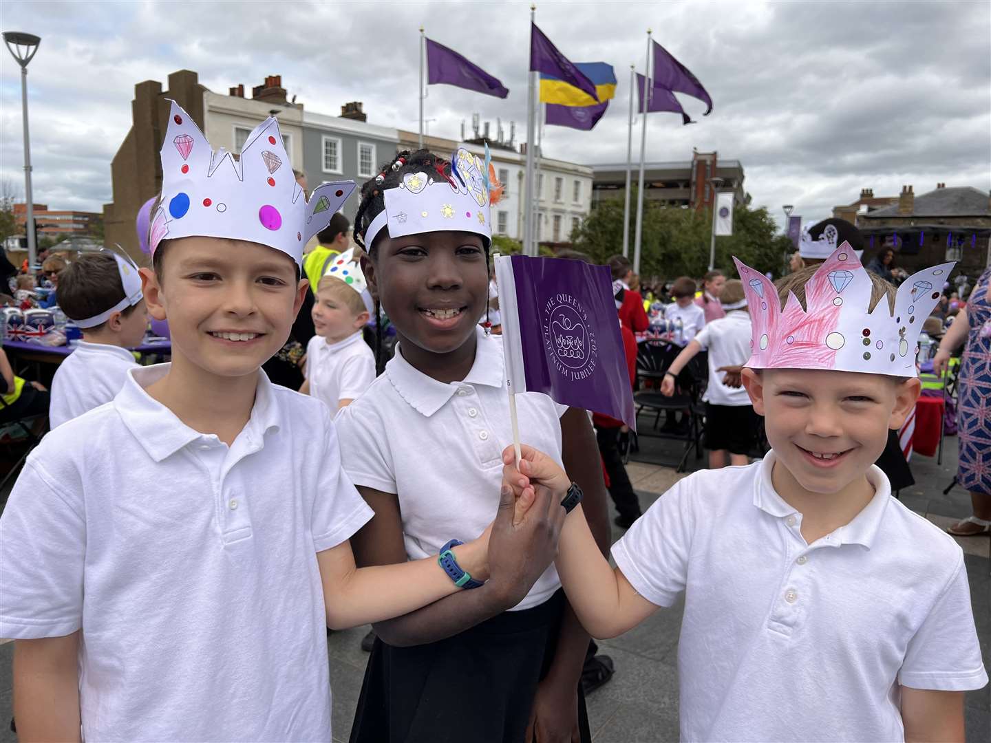 St George's School pupils Alex (left), Pamilerin (centre), and Evan (right) at the Gravesend Platinum Jubilee Party