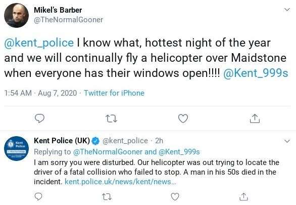 Kent Police respond to a Twitter user who complained of noise from their helicopter
