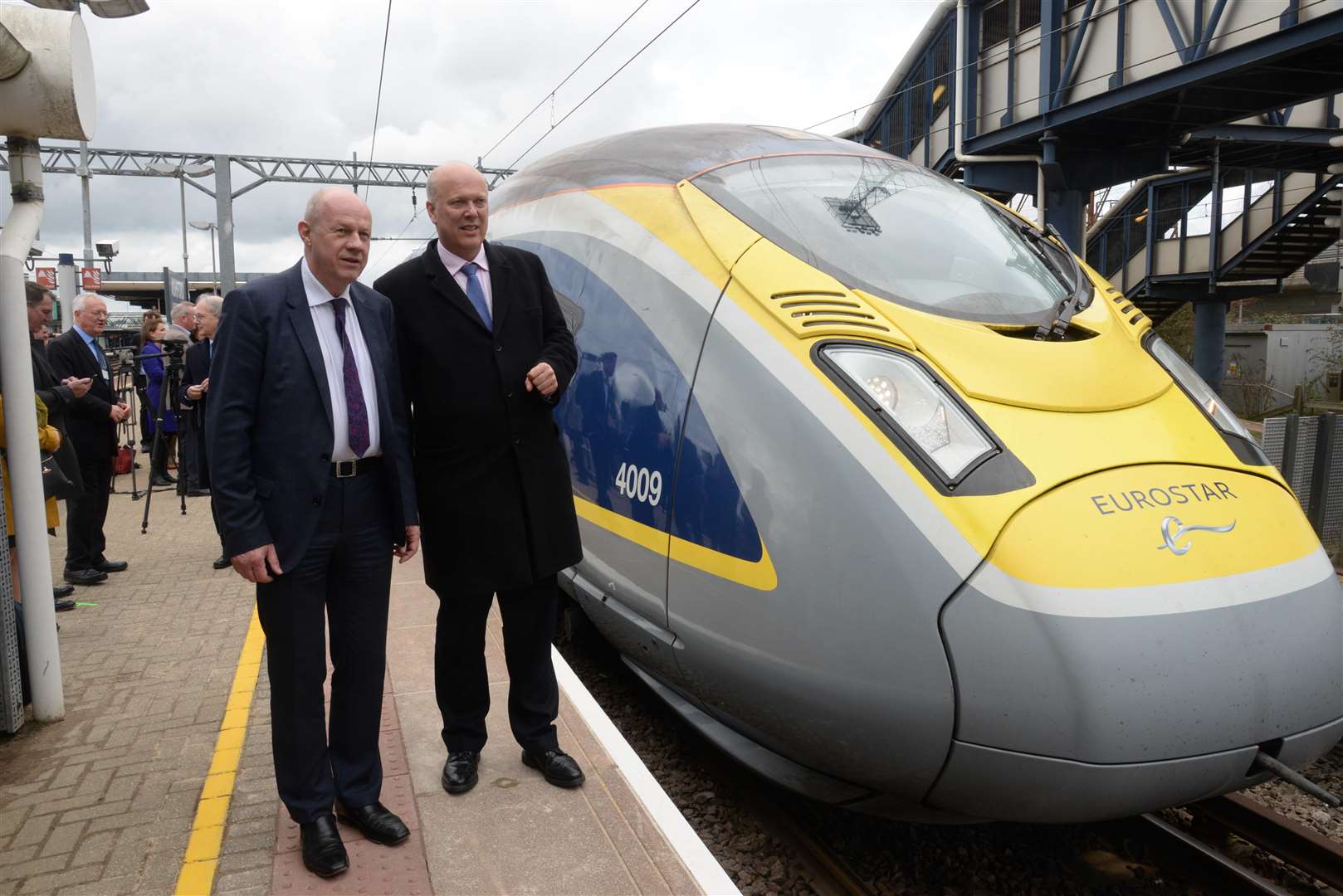 Damien Green MP and Secretary of State for Transport Chris Grayling inspect one of the new e320 class trains at Ashford International station on Tuesday. Picture: Chris Davey (1370925)