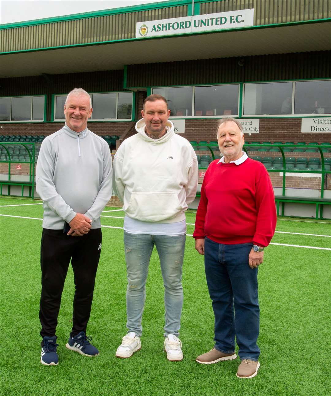 New Ashford boss Danny Kedwell, centre, with Alan Walker and outgoing owner Don Crosbie. Picture: Ian Scammell
