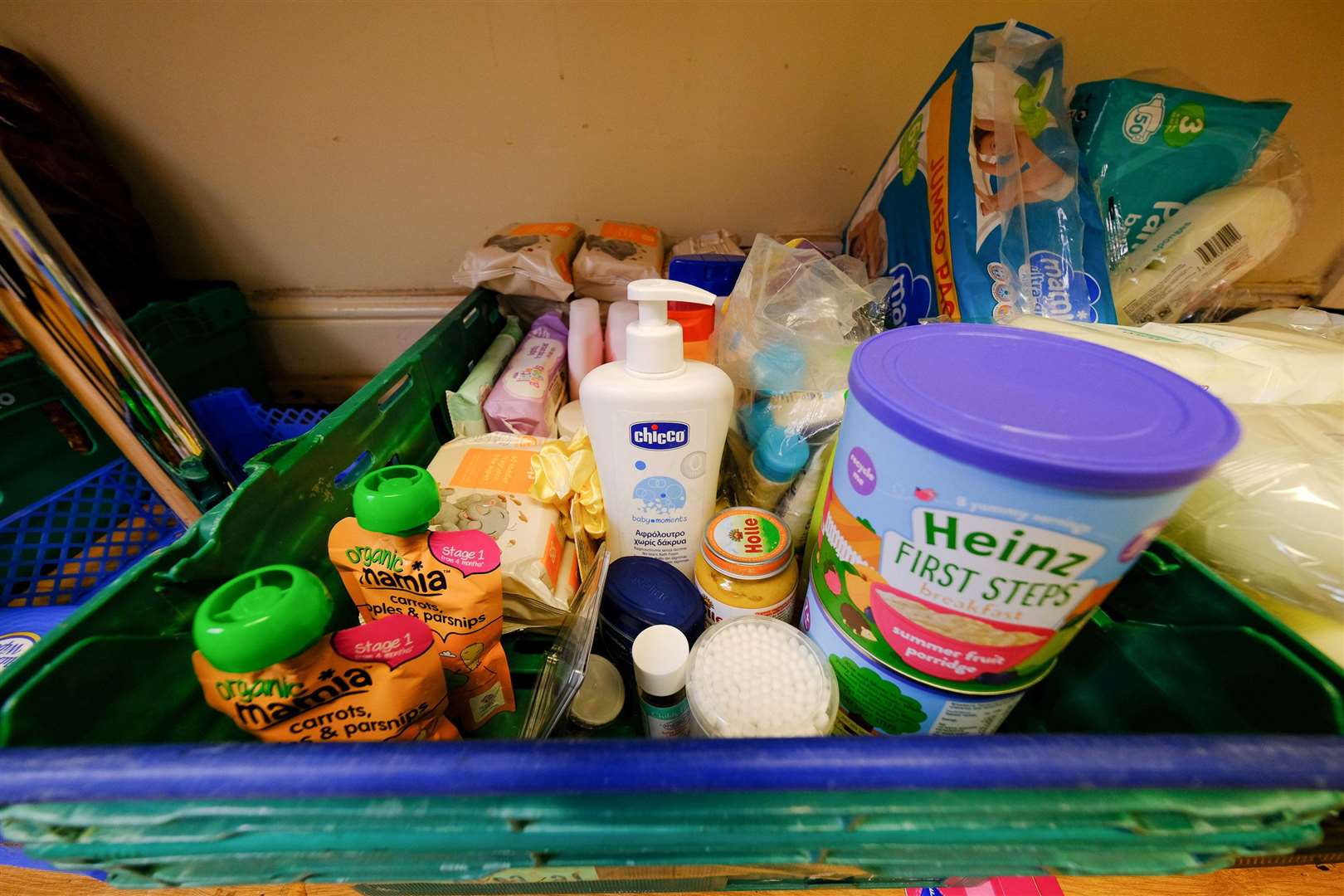 Essential items in a food bank tray. Stock image