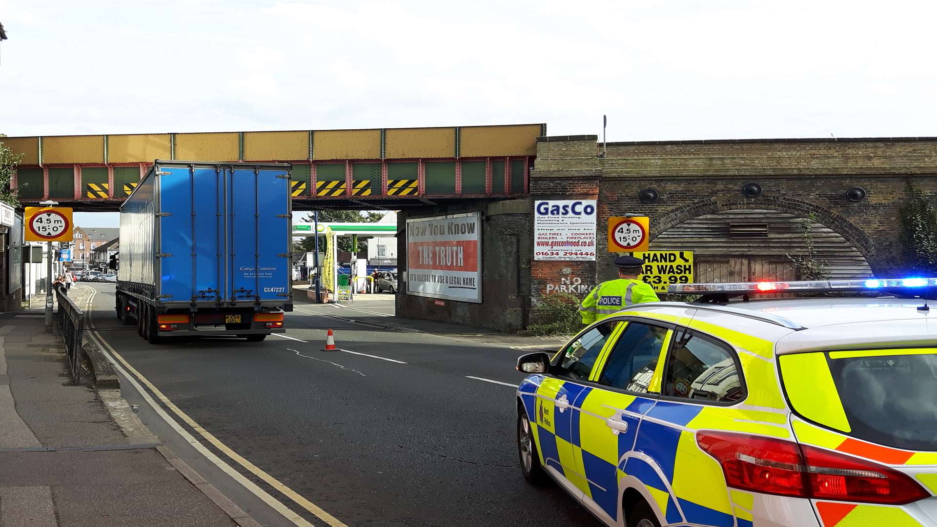 The lorry stuck under the bridge in London Road, Strood